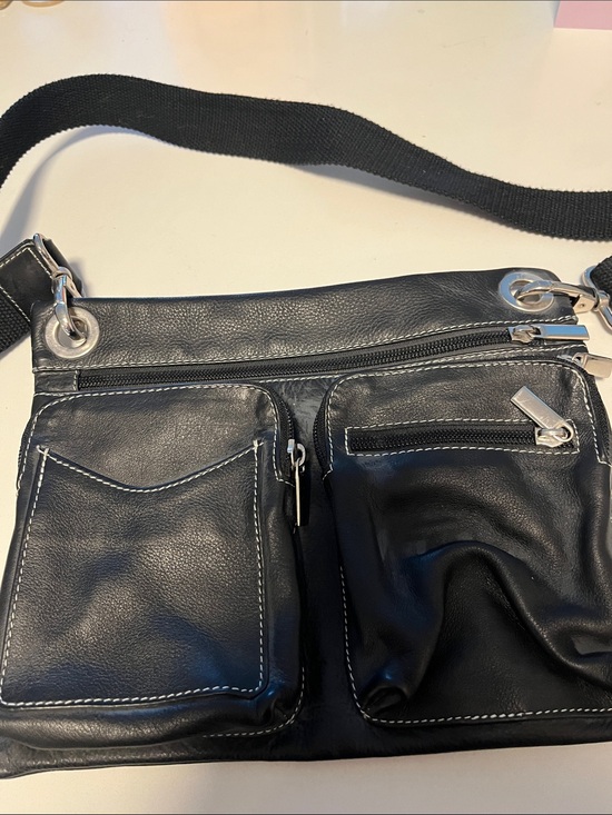 Handbags - Black Leather Crossbody Bag with Dual Front Pockets